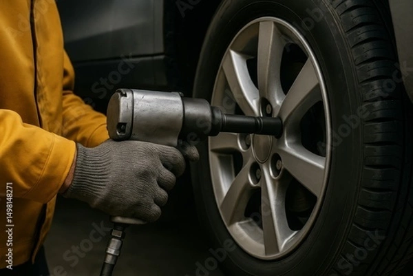 Obraz Mechanic in gloves using pneumatic impact wrench to tighten car wheel bolts during tire service in automotive workshop garage