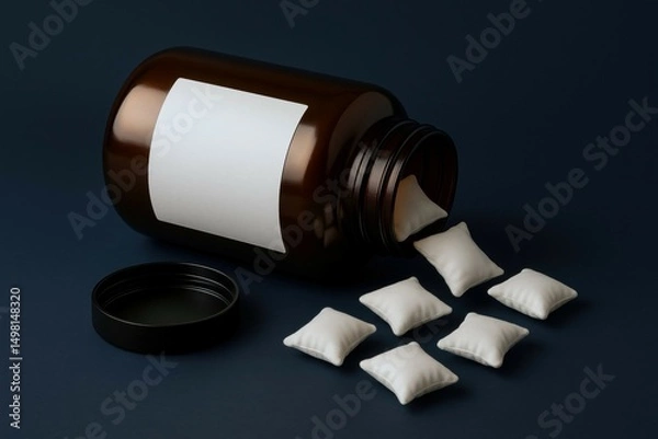 Obraz Conceptual image of soft white pillows spilling from a large brown medicine jar on dark background, symbolizing sleep aids or rest-inducing supplements