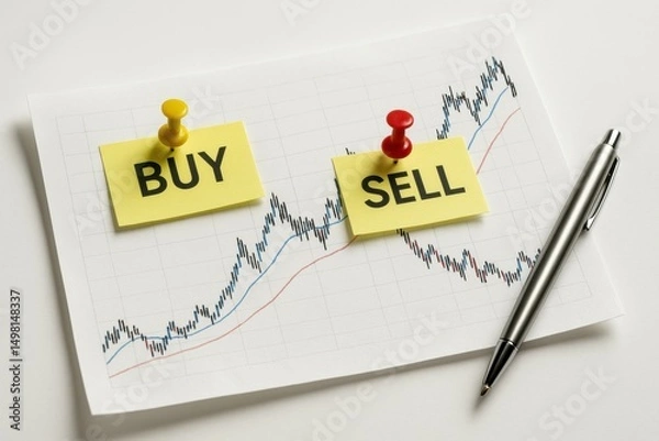 Obraz Stock market trading strategy with buy and sell signals marked on financial chart