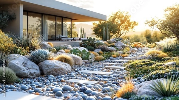 Fototapeta Modern landscaping design featuring a pathway leading through a desert garden with a view image.