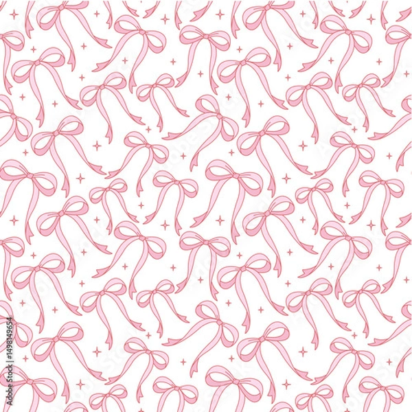 Obraz Seamless pattern with cute pink bows and sparkles on a light background. Perfect for wrapping paper, greeting cards, fabric, baby products, and girly designs.

