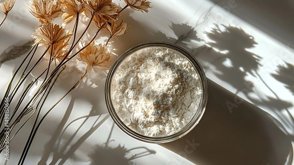 Fototapeta Overhead view of a bowl of flour and flowers with shadows creating a beautiful image