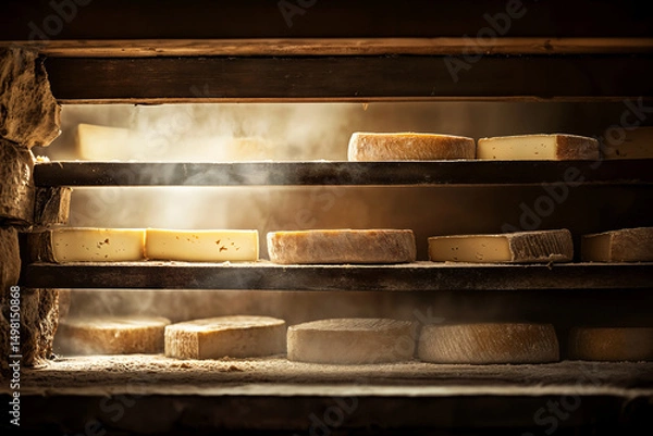 Fototapeta cheese cellar with rustic wooden shelves filled with aging cheese wheels of various sizes, dimly lit