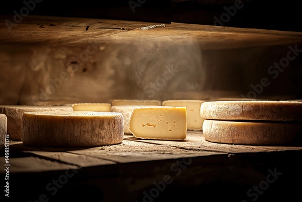 Fototapeta cheese cellar with rustic wooden shelves filled with aging cheese wheels of various sizes, dimly lit