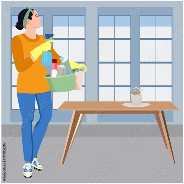 Fototapeta girl in a room with large windows cleaning