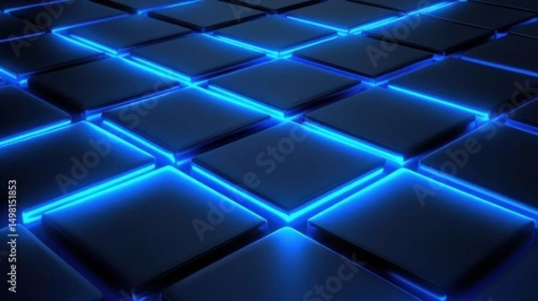 Fototapeta Neon Blue Tiles with Glossy Surface in Futuristic Design Concept