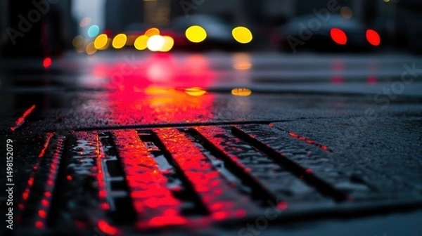 Fototapeta Reflection of City Lights on Wet Street with Drain Cover at Night