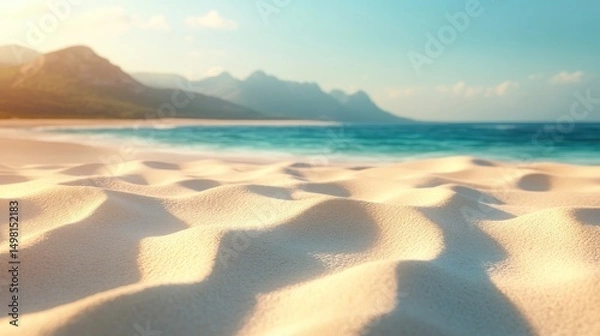 Fototapeta Serene Beach Landscape with Gentle Waves and Golden Sand Dunes