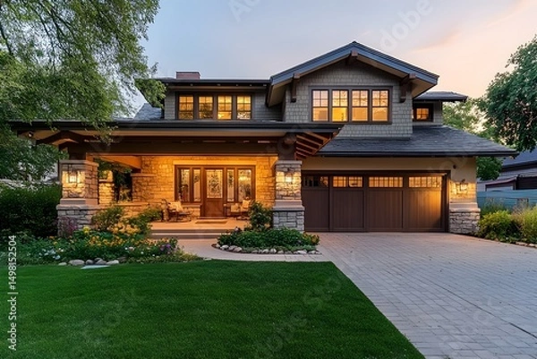 Obraz Luxury suburban home in craftsman style architecture with warm lighting