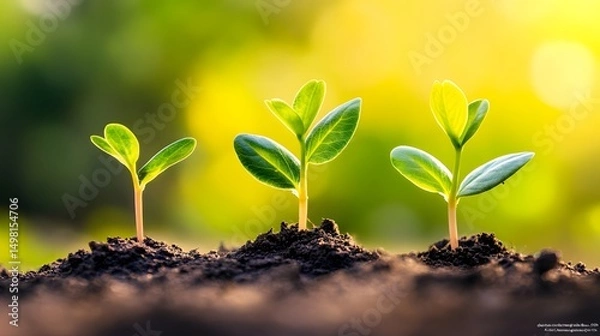 Obraz Sprout Life: A close-up captures the early stages of life, with tender sprouts emerging from the fertile earth and reaching for the sun, embodying renewal. 