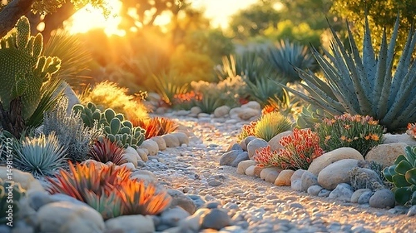 Fototapeta Scenic view of a beautifully landscaped desert garden with succulents plants and stone pathway image