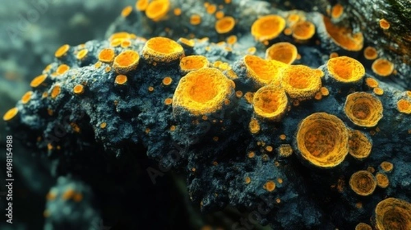 Fototapeta Vibrant Orange Lichen Growth on Weathered Rock Surface in Nature
