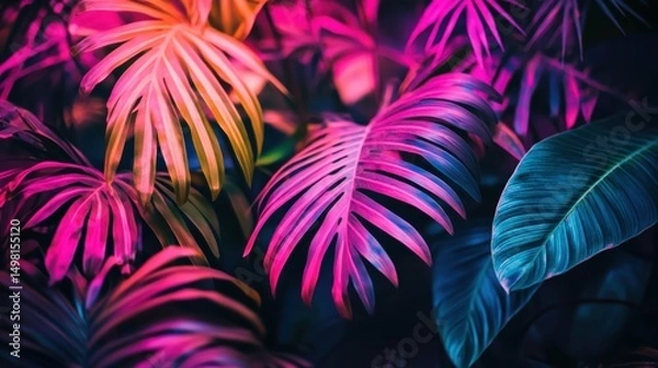 Fototapeta Vibrant Tropical Leaves with Colorful Neon Lighting in Dark Background