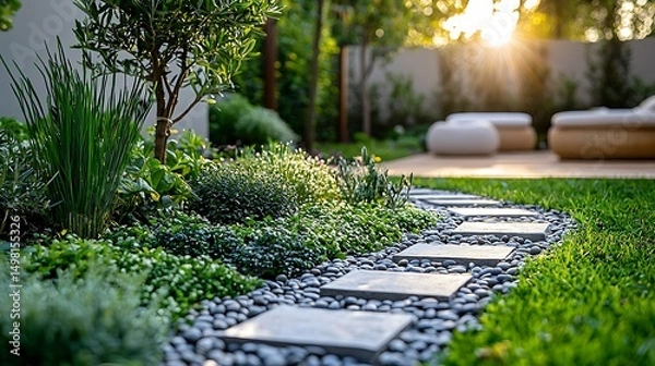 Fototapeta Serene garden image featuring a stone pathway leading through lush greenery and sunshine flare