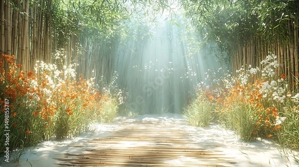 Fototapeta Serene garden pathway bathed in sunlight featuring bamboo flowers grass and an idyllic visual image