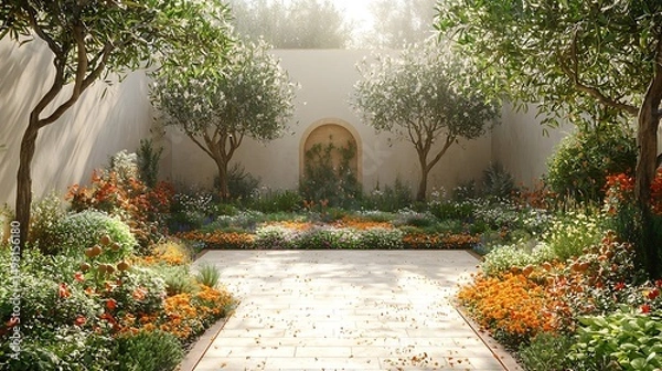 Fototapeta Serene image showcasing a beautifully designed and meticulously planted garden with colorful flowers and trees.