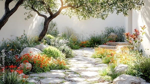 Fototapeta Serene garden pathway with stone steps and blossoming trees bathed in beautiful sunlight image