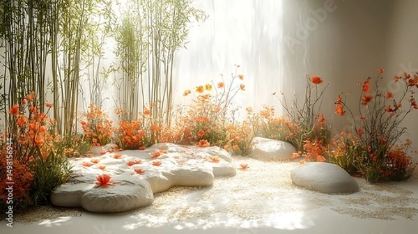 Fototapeta Serene zen garden composition depicting a beautiful arrangement with orange flowers and bamboo image