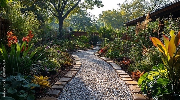 Fototapeta Serene pathway winding through a lush garden with abundant greenery and vibrant floral displays
