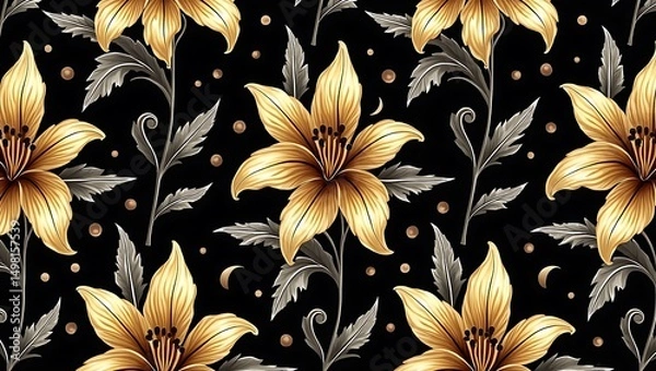 Fototapeta A seamless floral pattern with elegant, 3d golden flowers and silver leaves on a black background