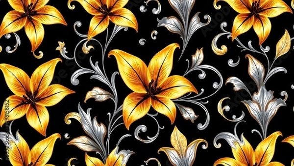 Fototapeta A seamless floral pattern with elegant, 3d golden flowers and silver leaves on a black background