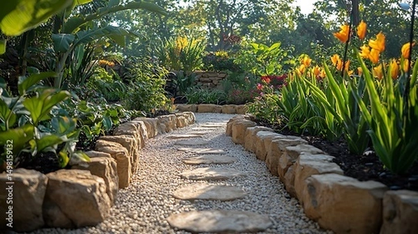 Fototapeta Stone pathway winding through a lush garden with vibrant flowers and greenery creates a beautiful image