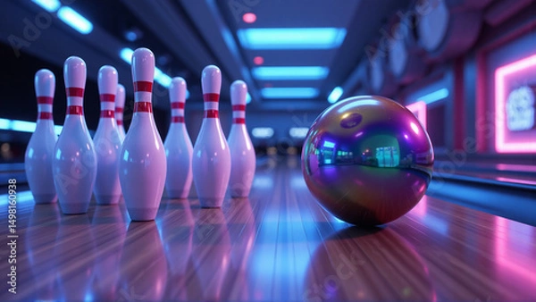 Obraz  Bowling Alley with Glossy Pins and Chameleon Ball - Generative AI