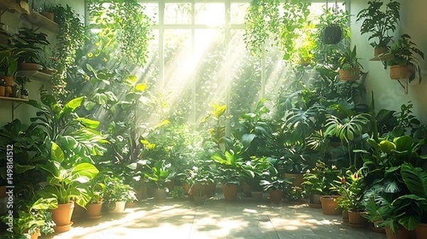 Fototapeta Sunlight streaming through a window illuminating a lush green interior with many potted plants in this image