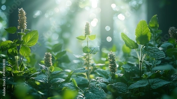 Fototapeta Sunlight streaming through lush green vegetation creating a beautiful and peaceful image of nature.