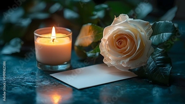 Fototapeta A white rose a flickering candle and a blank card expressing sympathy