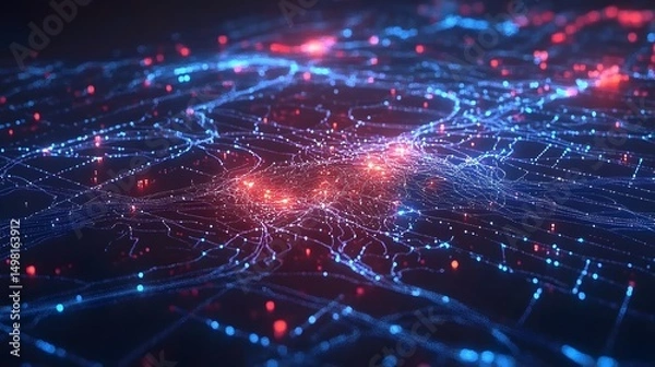 Obraz Digital Network Visualization: A breathtaking 3D rendering showcases an intricate web of interconnected digital pathways, illuminating the complex infrastructure of modern data flow.
