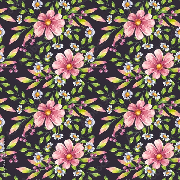 Obraz Watercolor blooming flower seamless pattern. Pink cosmos, white daisy chamomile, berries, green leaves. Botanical clip art. Hand drawn illustration isolated background. Textile, print, wrapping paper