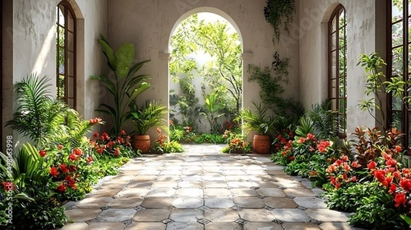 Fototapeta Tranquil courtyard garden with arched entrance featuring lush greenery and vibrant red flowering plants image