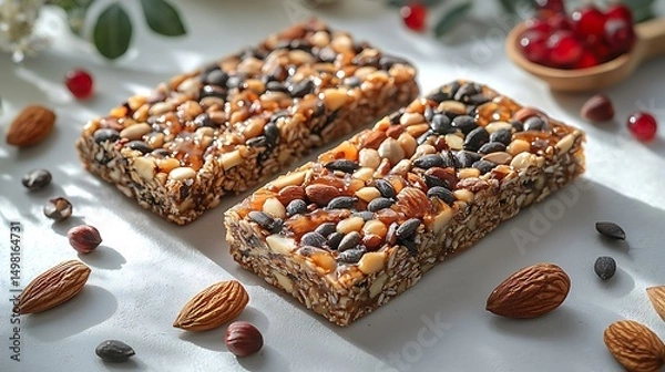 Fototapeta Two delicious energy bars with nuts and seeds showing a close-up shot of a health food image