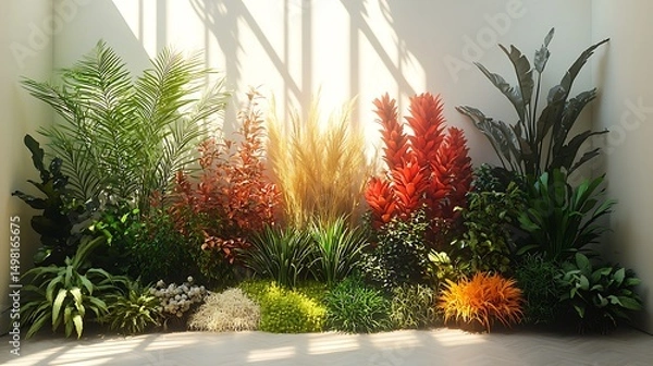 Fototapeta Vibrant display of assorted plants and foliage creating a lush indoor garden within an image.