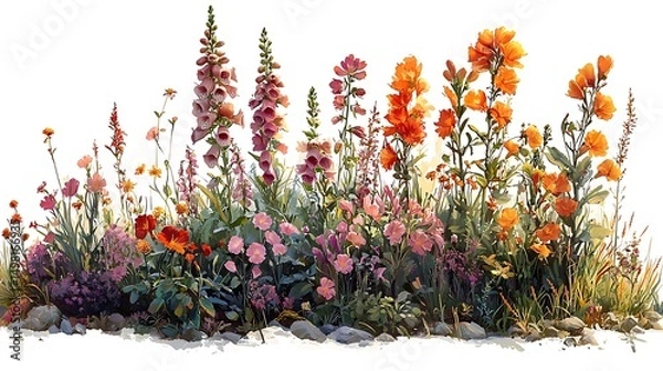 Fototapeta Watercolor illustration depicting a vibrant display of colorful wildflowers in a sunny garden image