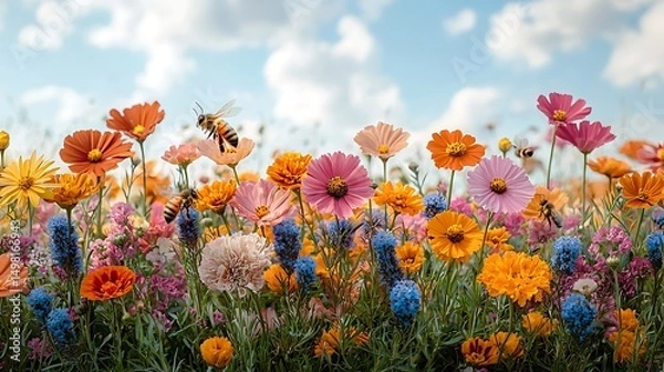 Fototapeta Vibrant wildflowers meadow scene with colorful blossoms and busy bees in a sunny bright image
