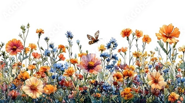 Fototapeta Watercolor painting of colorful wildflowers with a butterfly in a dreamy summer image