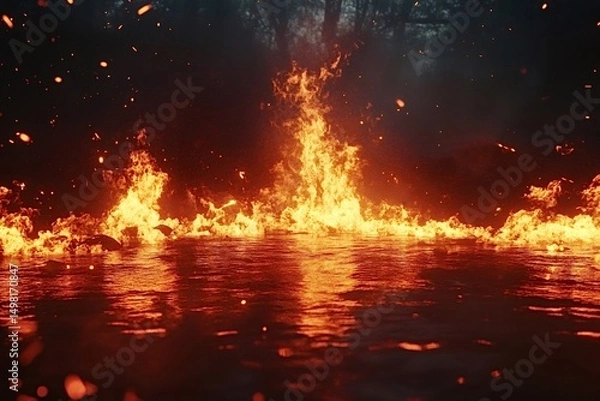Obraz Large flames burning on a water surface at night, creating a dramatic and surreal scene with sparks flying and reflecting on the dark water