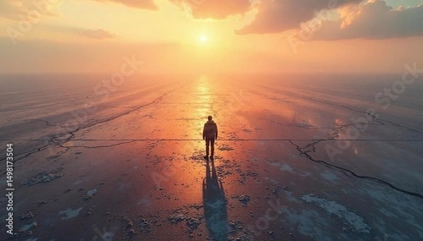 Fototapeta A solitary figure viewed from above, emphasizing isolation and emptiness in a vast, open space The scene evokes feelings of quiet solitude and existential loneliness , peace, background