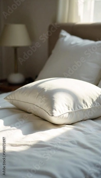 Fototapeta Soft, fluffy pillow resting on a crisp white bedsheet, ready for a peaceful night's sleep Sunlight gently illuminates the scene, highlighting the texture and comfort , comfort, memory foam, cotton