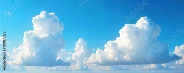 Fototapeta Fluffy cumulus clouds drift lazily across a vibrant blue sky, a breathtaking display of nature's artistry Perfect for weather, nature, or environmental themes , atmosphere, fluffy, ethereal