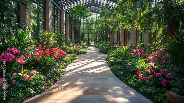 Fototapeta A beautifully designed indoor botanical garden with a stone pathway featuring vibrant plants image.