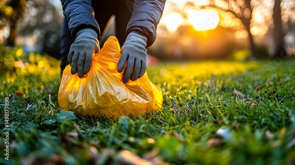 Obraz Trash pickup at sunset park. A person in gloves collects trash in a park at sunset, promoting environmental cleanliness and responsibility.