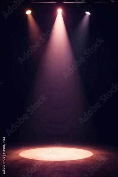Fototapeta A single, bright stage spotlight illuminates a dark empty stage, ready for a performance The beam is intense and sharply focused, creating a dramatic effect , theater, dark stage