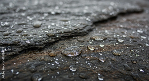 Obraz Glistening water droplets on dark textured rock surface