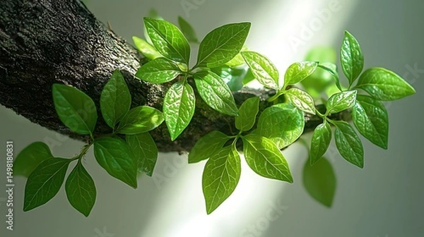 Fototapeta A close up image of vibrant green leaves sprouting from a textured tree branch in bright sunlight