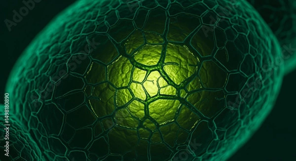 Obraz Microscopic image of vibrant green cellular structure with glowing core and intricate network