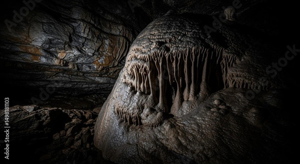 Obraz Textured dark cave formation with intricate hanging stalactites and massive stalagmite
