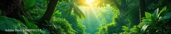 Fototapeta Lush green canopy of a Panamanian rainforest, sunlight filtering through the leaves, vibrant vegetation and abundant biodiversity , environment, growth, oxygen
